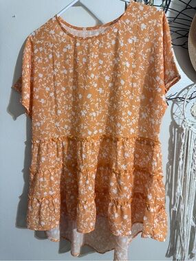 Women's Orange Floral Tiered Tunic Top